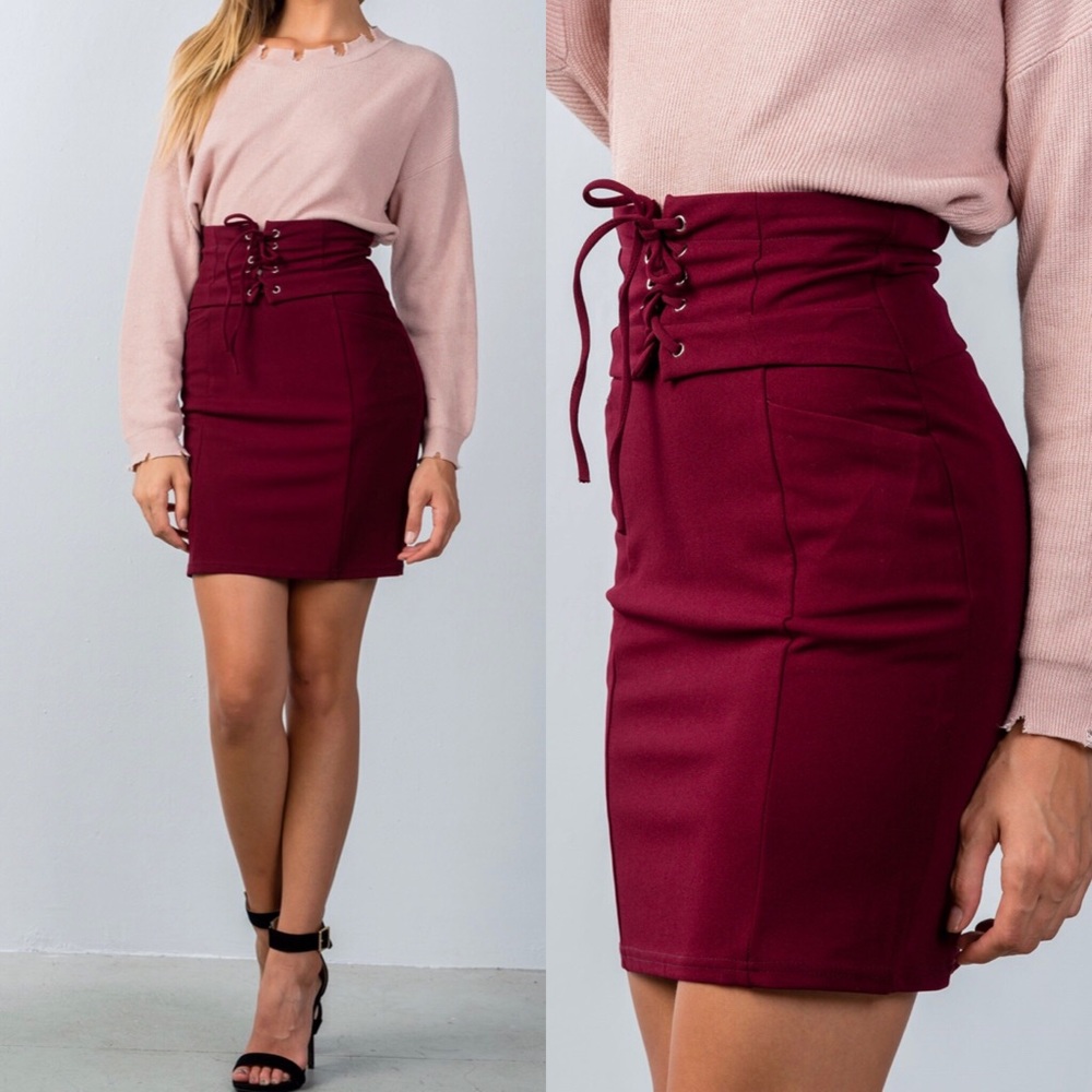 🌹✨BURGUNDY LACE UP PENCIL MINI SKIRT🌹